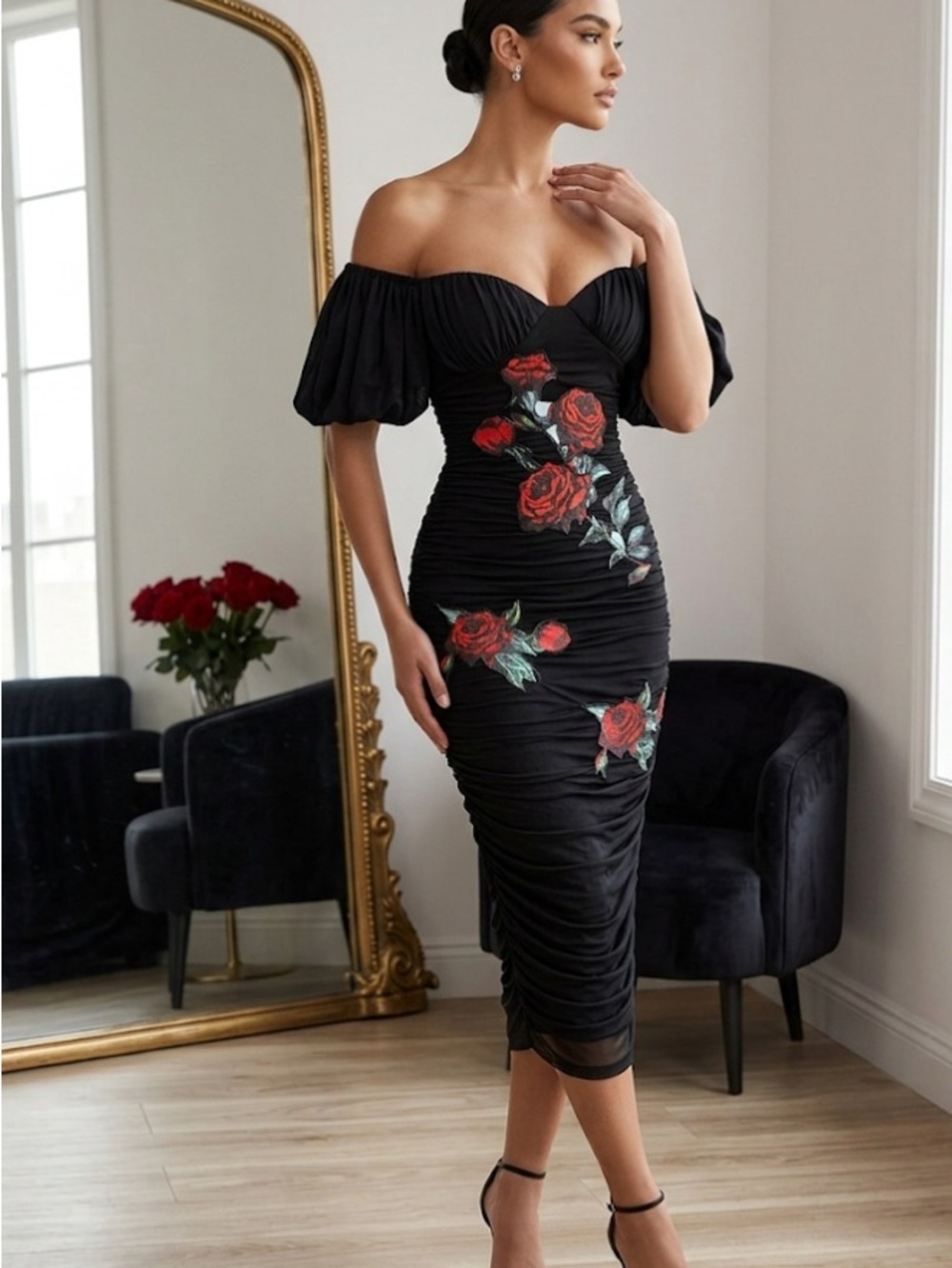 Off-Shoulder Black Rose Embroidered Midi Dress